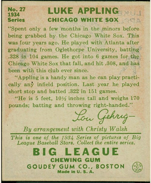 1934 Goudey #27 Luke Appling card back