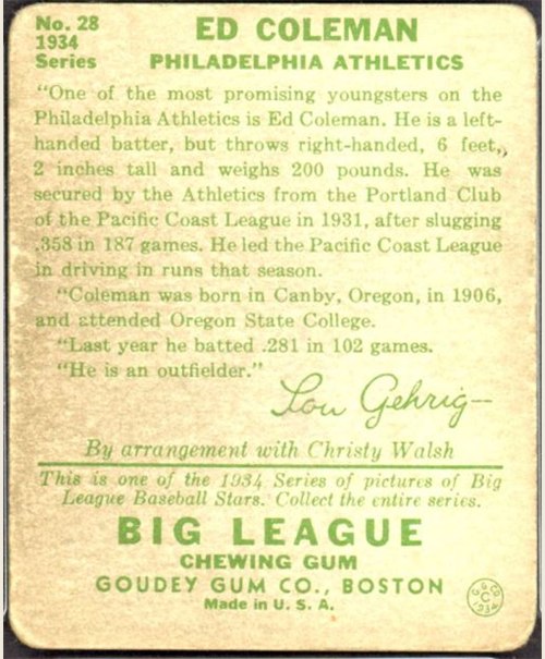 1934 Goudey #28 Ed Coleman card back
