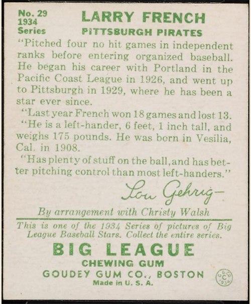 1934 Goudey #29 Larry French card back