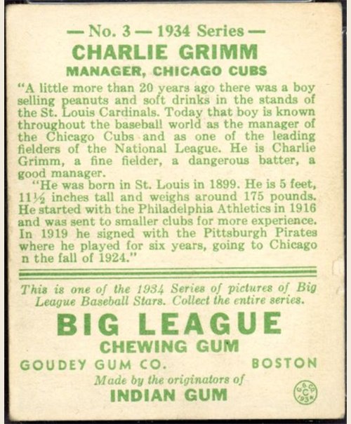 1934 Goudey #3 Charlie Grimm card back