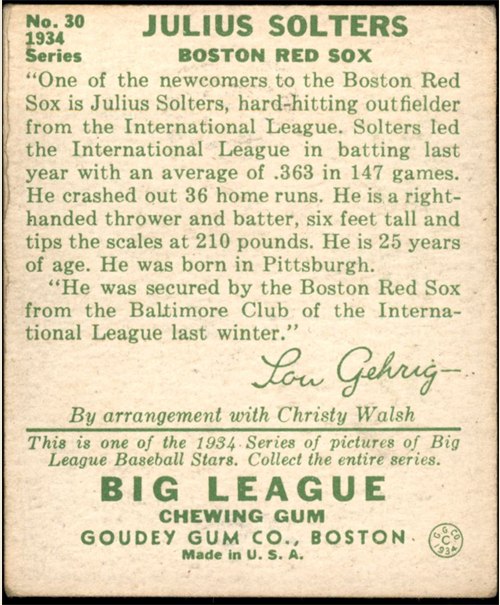 1934 Goudey #30 Moose Solters card back