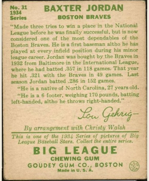 1934 Goudey #31 Baxter Jordan card back