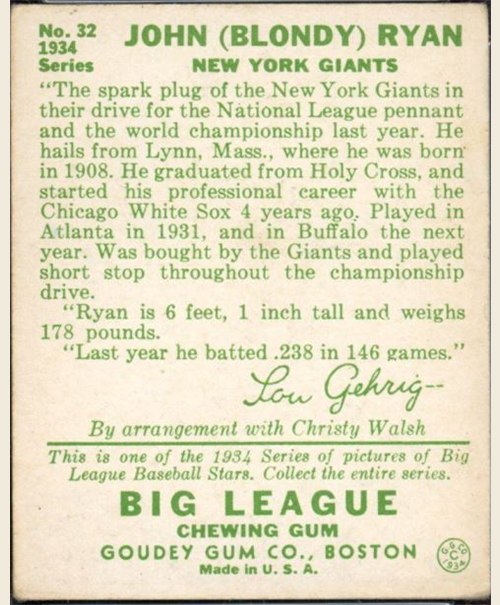 1934 Goudey #32 Blondy Ryan card back