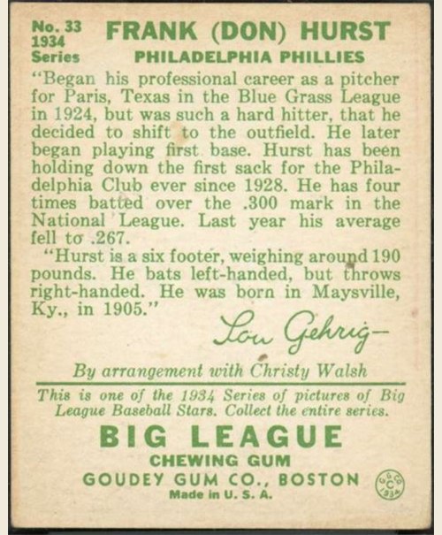 1934 Goudey #33 Don Hurst card back