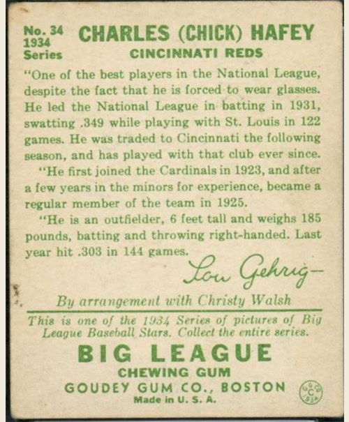 1934 Goudey #34 Chick Hafey card back