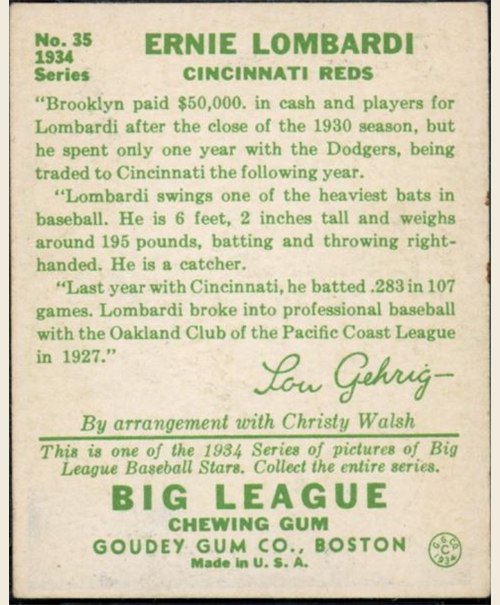 1934 Goudey #35 Ernie Lombardi card back
