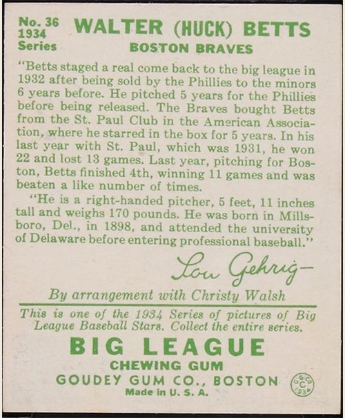 1934 Goudey #36 Huck Betts card back