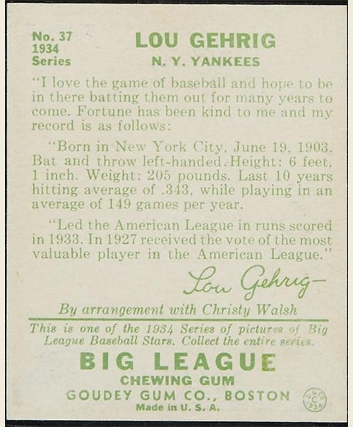 1934 Goudey #37 Lou Gehrig card back