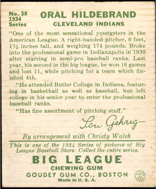 1934 Goudey #38 Oral Hildebrand card back