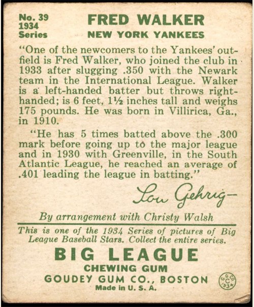 1934 Goudey #39 Dixie Walker card back