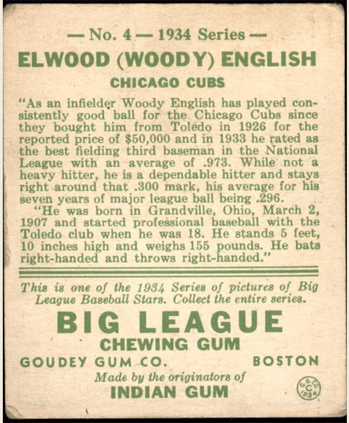 1934 Goudey #4 Woody English card back