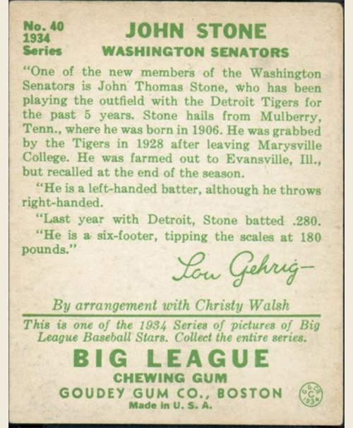1934 Goudey #40 John Stone card back