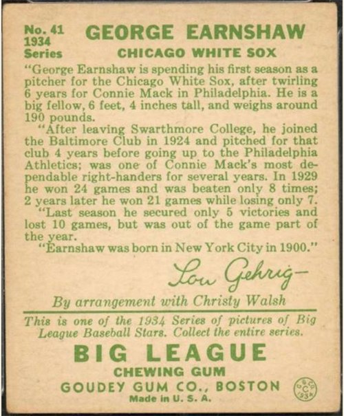 1934 Goudey #41 George Earnshaw card back
