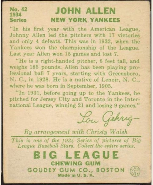1934 Goudey #42 Johnny Allen card back