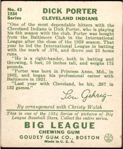 1934 Goudey #43 Dick Porter card back