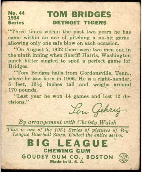 1934 Goudey #44 Tommy Bridges card back