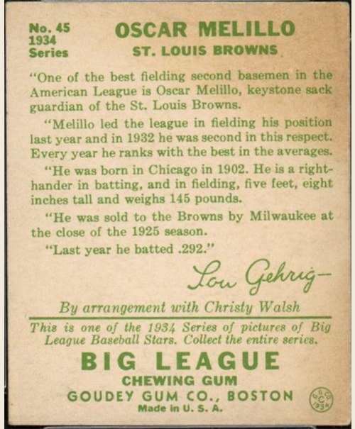 1934 Goudey #45 Oscar Melillo card back