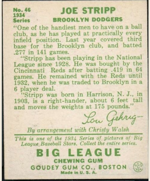 1934 Goudey #46 Joe Stripp card back