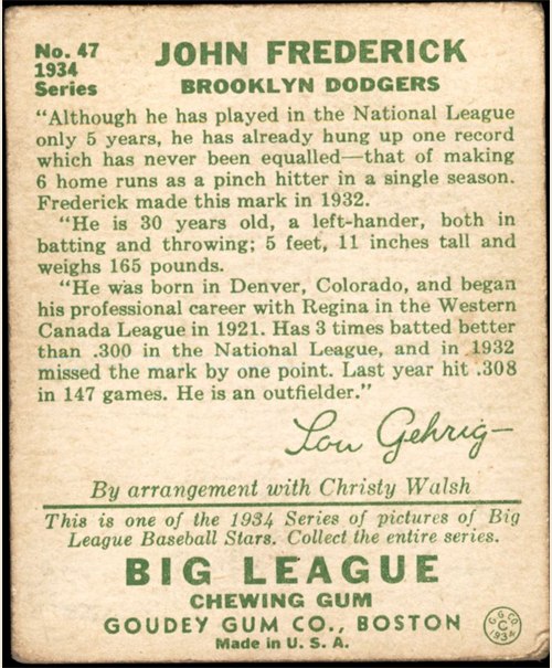 1934 Goudey #47 John Frederick card back