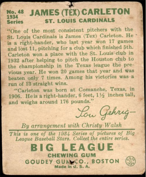 1934 Goudey #48 Tex Carleton card back