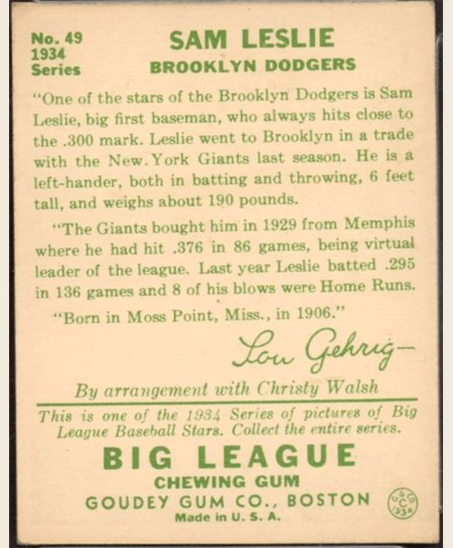 1934 Goudey #49 Sam Leslie card back