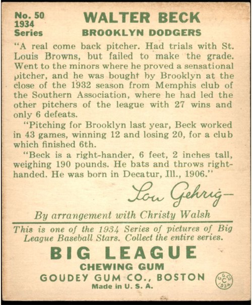 1934 Goudey #50 Walter Beck card back