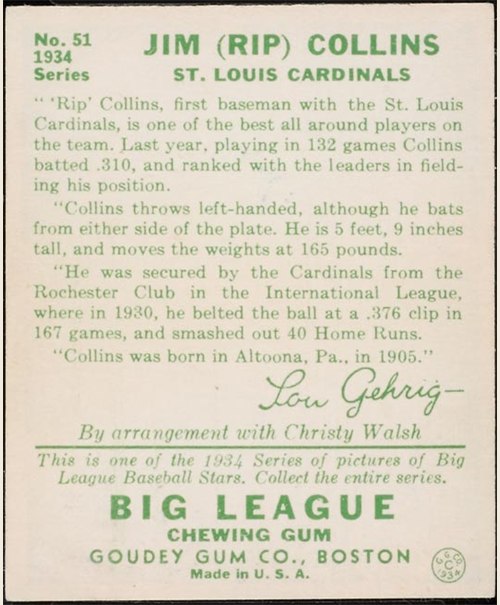1934 Goudey #51 Ripper Collins card back