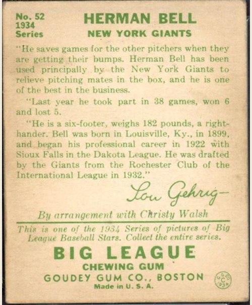 1934 Goudey #52 Hi Bell card back