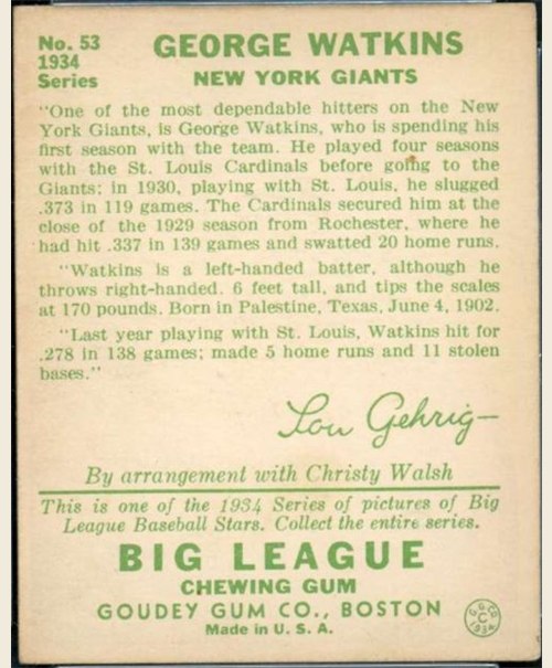 1934 Goudey #53 George Watkins card back