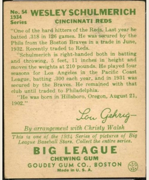 1934 Goudey #54 Wesley Schulmerich card back