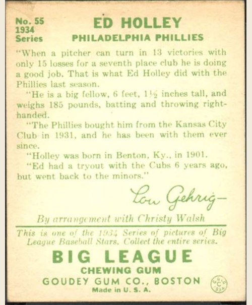 1934 Goudey #55 Ed Holley card back