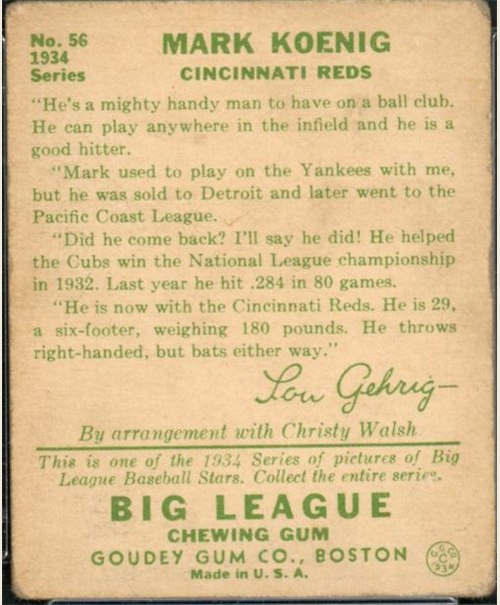 1934 Goudey #56 Mark Koenig card back