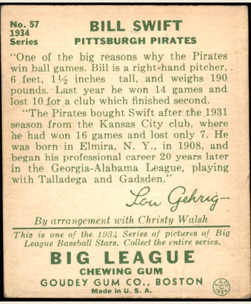 1934 Goudey #57 Bill Swift card back