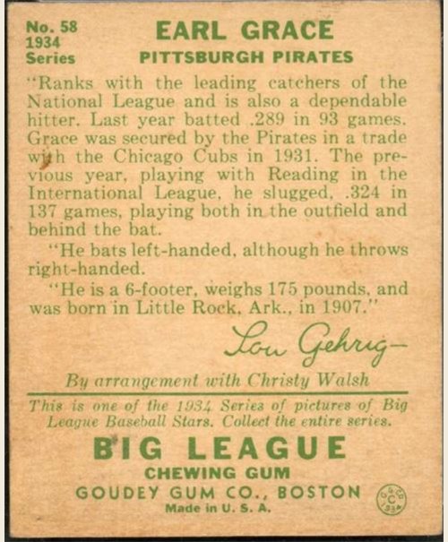 1934 Goudey #58 Earl Grace card back