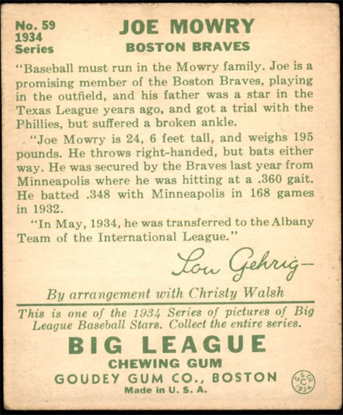 1934 Goudey #59 Joe Mowry card back