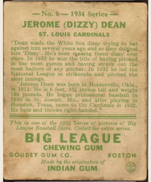 1934 Goudey #6 Dizzy Dean card back