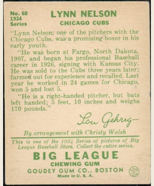 1934 Goudey #60 Lynn Nelson card back