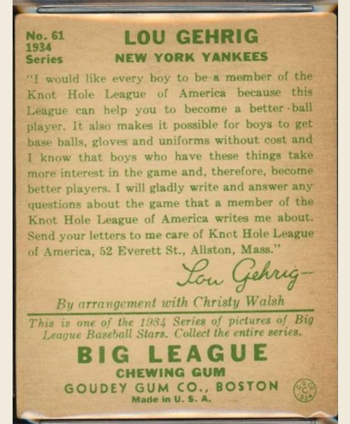 1934 Goudey #61 Lou Gehrig card back