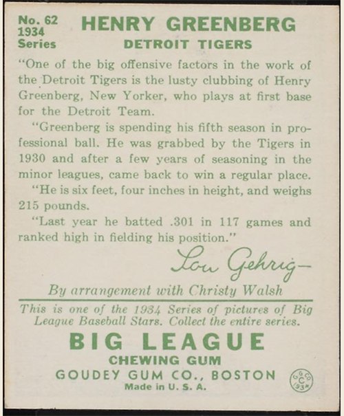 1934 Goudey #62 Hank Greenberg card back