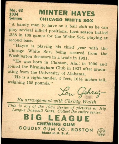 1934 Goudey #63 Minter Hayes card back