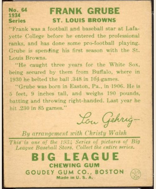1934 Goudey #64 Frank Grube card back