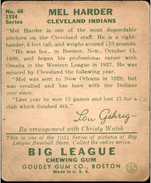 1934 Goudey #66 Mel Harder card back