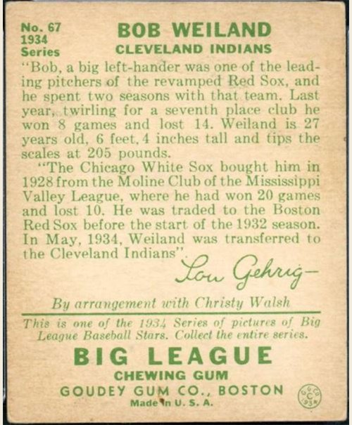 1934 Goudey #67 Bob Weiland card back