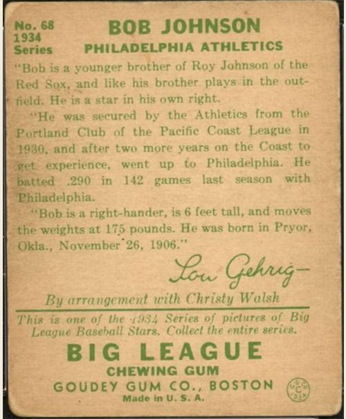 1934 Goudey #68 Bob Johnson card back