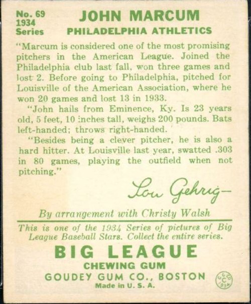 1934 Goudey #69 Johnny Marcum card back