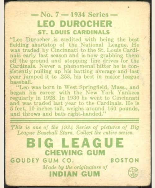 1934 Goudey #7 Leo Durocher card back