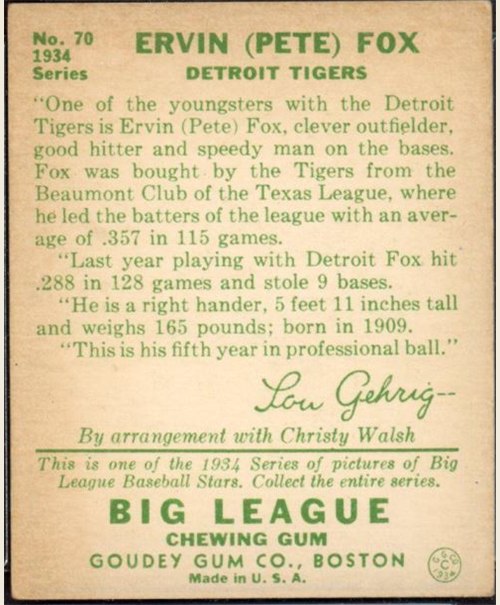 1934 Goudey #70 Pete Fox card back
