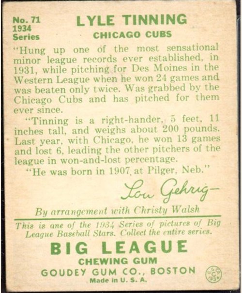 1934 Goudey #71 Lyle Tinning card back