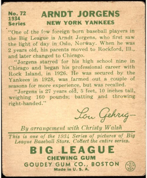 1934 Goudey #72 Art Jorgens card back