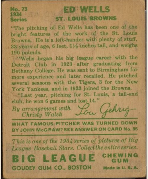 1934 Goudey #73 Ed Wells card back